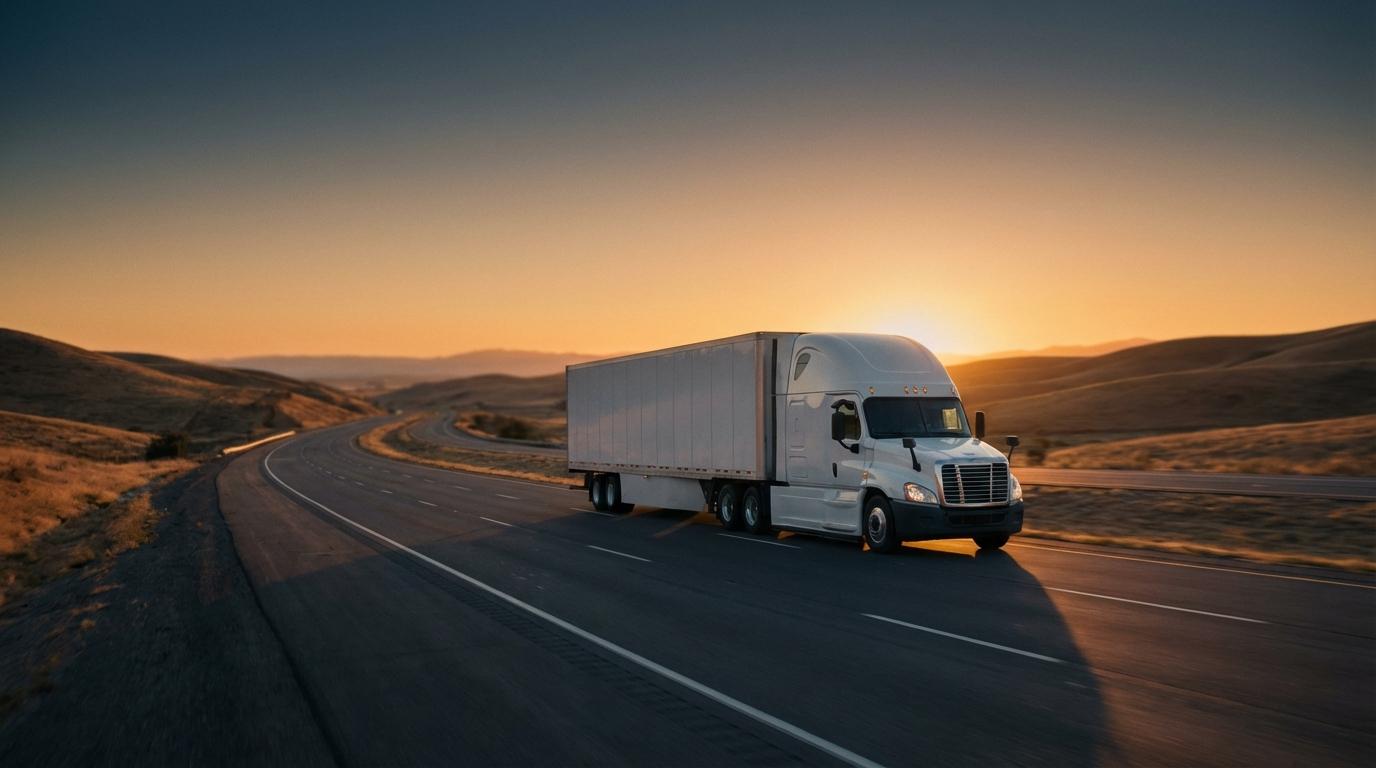 Moving truck driving on highway at sunset