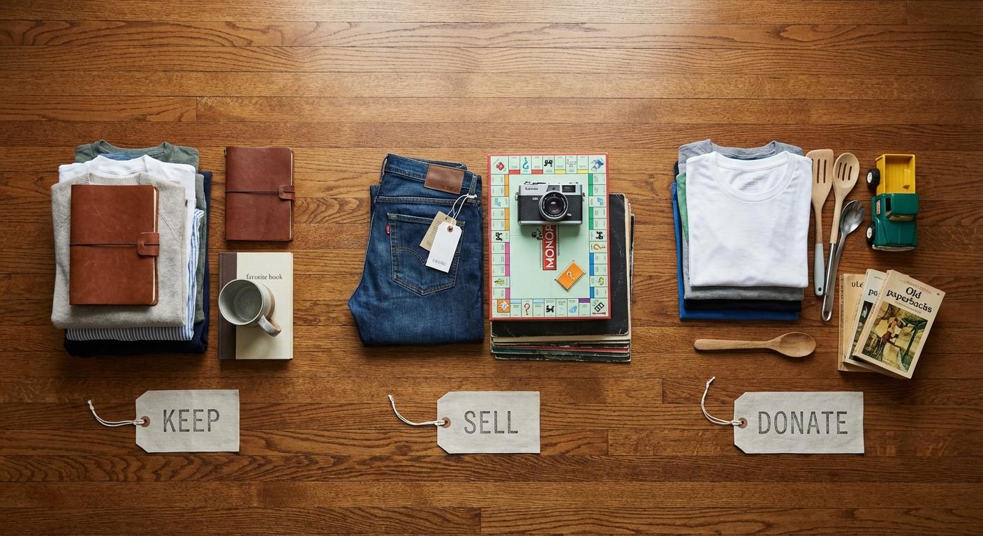Neatly organized donate, sell, and keep boxes in a living room during a pre-move declutter session