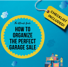 A well-organized garage sale with tables of items, clothing racks, and signs in a suburban driveway on a sunny morning